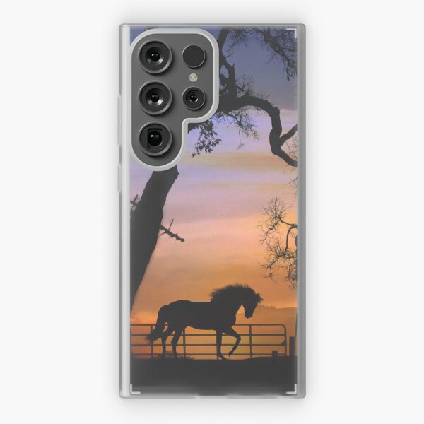 Aperçu de l'œuvre Beau cheval et clôture avec Silhouette de Sunrise Oak Tree créée et vendue par Stephanie Laird.