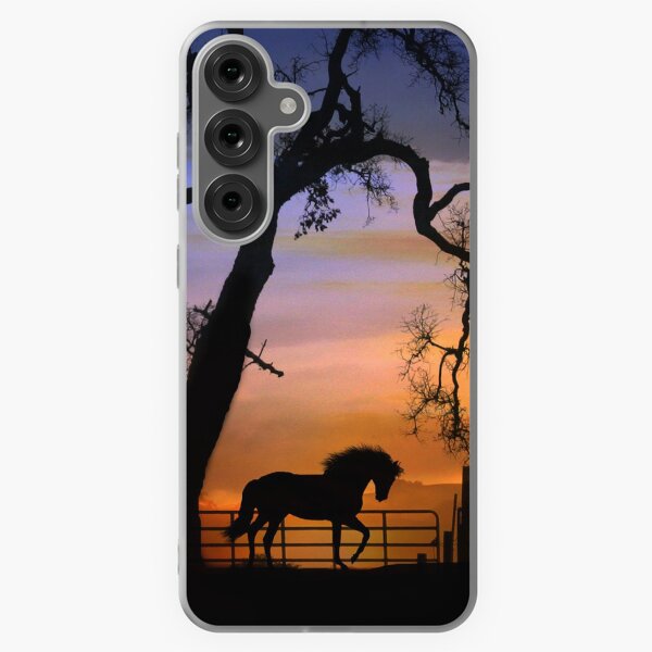 Aperçu de l'œuvre Beau cheval et clôture avec Silhouette de Sunrise Oak Tree créée et vendue par Stephanie Laird.