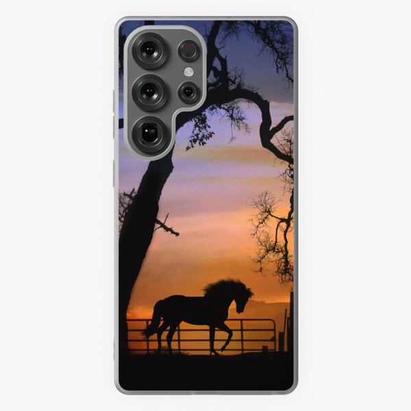Aperçu de l'œuvre Beau cheval et clôture avec Silhouette de Sunrise Oak Tree créée et vendue par Stephanie Laird.