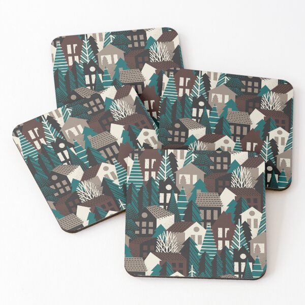 Item preview, Winter village // night swim green molasses brown panna cotta and morel beige cozy houses and pine trees  designed and sold by SelmaCardoso.