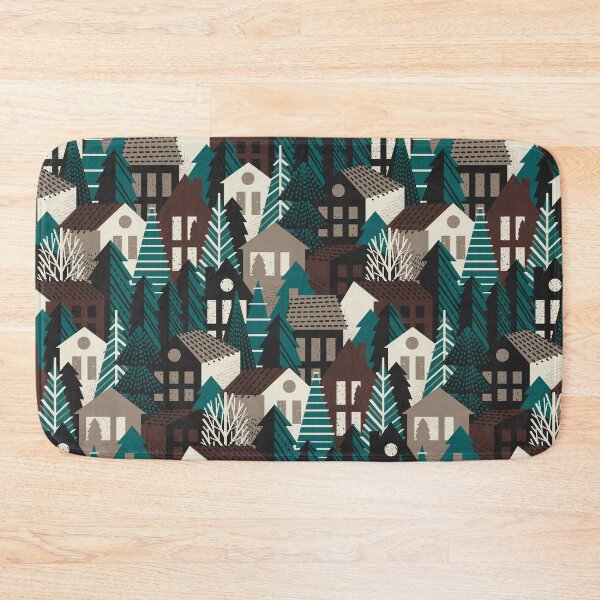 Item preview, Winter village // night swim green molasses brown panna cotta and morel beige cozy houses and pine trees  designed and sold by SelmaCardoso.