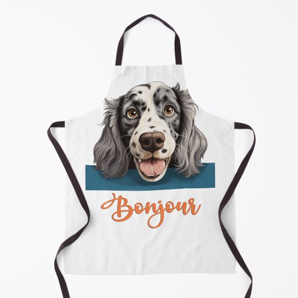 Artikelvorschau, Englischer Setter-Hund, Hundekopfzeichnung für T-Shirt-Tasche, Hallo auf Französisch. entworfen und verkauft von isaweb.