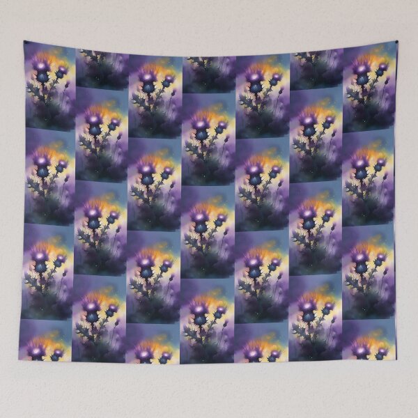 Item preview, Canada thistle flowers in blue and purple under a hazy sun designed and sold by Creativesphotos.
