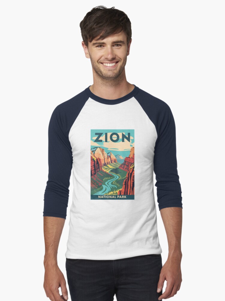 Imagen 1 de 3, Camiseta ¾ estilo béisbol con la obra Un antiguo cuadro de viaje del Parque Nacional Zion, Utah, EE. UU., diseñada y vendida por GoodOldVintage.