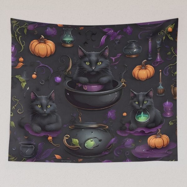 Item preview, Black Cat, Cauldron, and Potion Seamless Pattern - Spooky Halloween Wallpaper designed and sold by Best-Art-32.