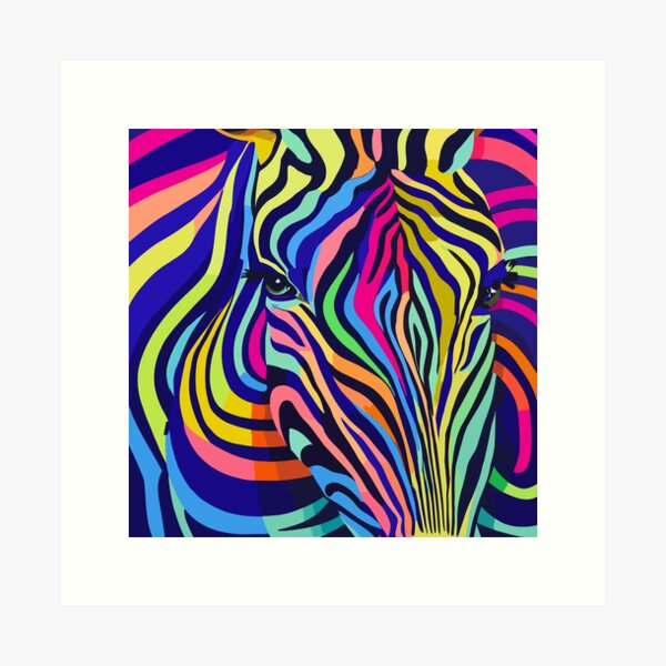 Rainbow Striped Zebra Colourful Vibrant Bold Psychedelic Neon Impact  Artwork Framed Wall Art Print A4