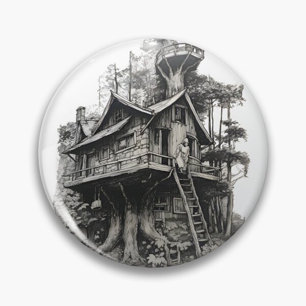 Item preview, Majestic Black and White Tree House Sketch - Serene Forest Cabin Art designed and sold by Blendfactor.