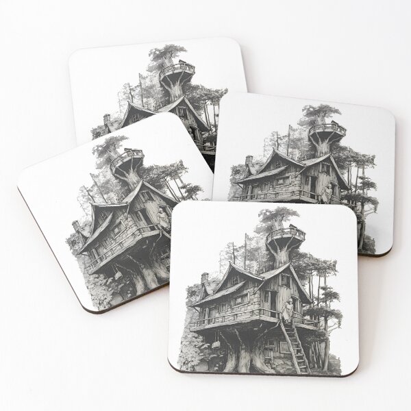 Item preview, Majestic Black and White Tree House Sketch - Serene Forest Cabin Art designed and sold by Blendfactor.