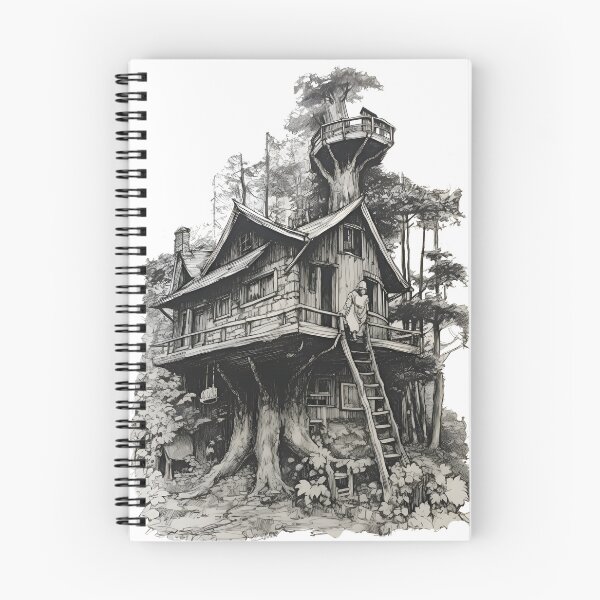Item preview, Majestic Black and White Tree House Sketch - Serene Forest Cabin Art designed and sold by Blendfactor.