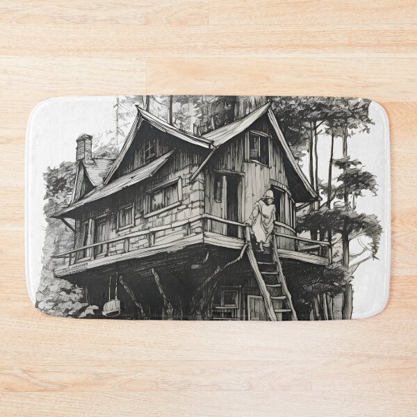 Item preview, Majestic Black and White Tree House Sketch - Serene Forest Cabin Art designed and sold by Blendfactor.