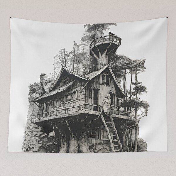 Item preview, Majestic Black and White Tree House Sketch - Serene Forest Cabin Art designed and sold by Blendfactor.
