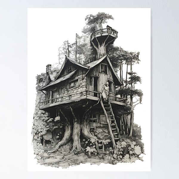 Item preview, Majestic Black and White Tree House Sketch - Serene Forest Cabin Art designed and sold by Blendfactor.