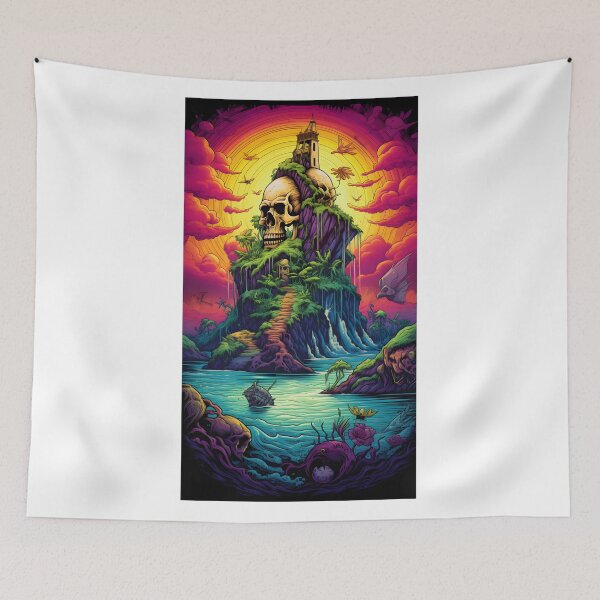 Item preview, Retro style skull house on mountain designed and sold by ArtByNRJ.