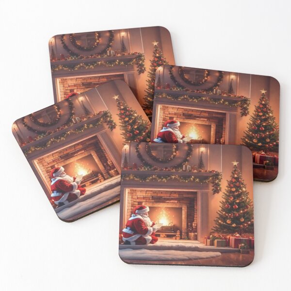 Item preview, Santa Claus placing gifts under a Christmas tree inside a home. Fireplace burning designed and sold by DeJuin.