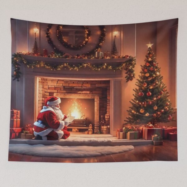 Item preview, Santa Claus placing gifts under a Christmas tree inside a home. Fireplace burning designed and sold by DeJuin.