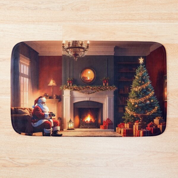 Item preview, Santa Claus placing gifts under a Christmas tree inside a home. Fireplace burning designed and sold by DeJuin.