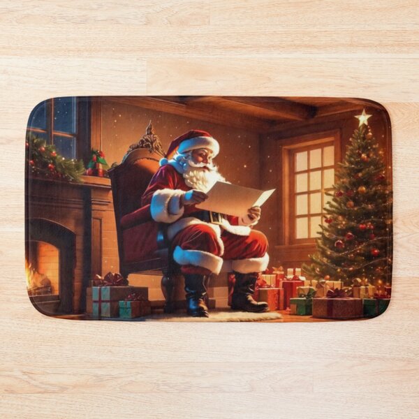 Item preview, Santa Claus placing gifts under a Christmas tree inside a home. Fireplace burning designed and sold by DeJuin.