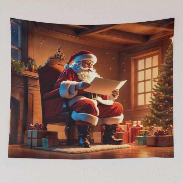 Item preview, Santa Claus placing gifts under a Christmas tree inside a home. Fireplace burning designed and sold by DeJuin.