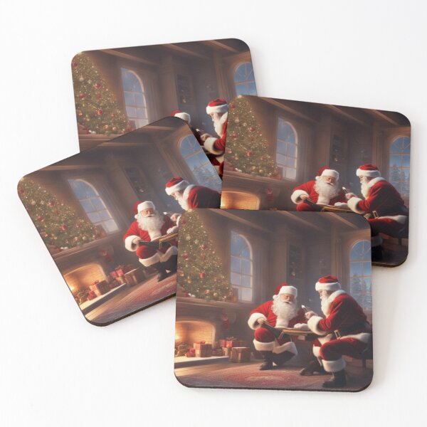 Item preview, Santa Claus placing gifts under a Christmas tree inside a home. Fireplace burning designed and sold by DeJuin.