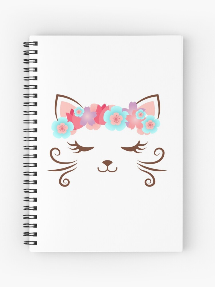 Cuaderno de espiral «Gato Kawaii, gatito kat, corona de flores, gato lindo, fiesta de gato, regalo de gato, camisa de gato de mujer, gatito bonito, amante de gato, colección de gato, cara