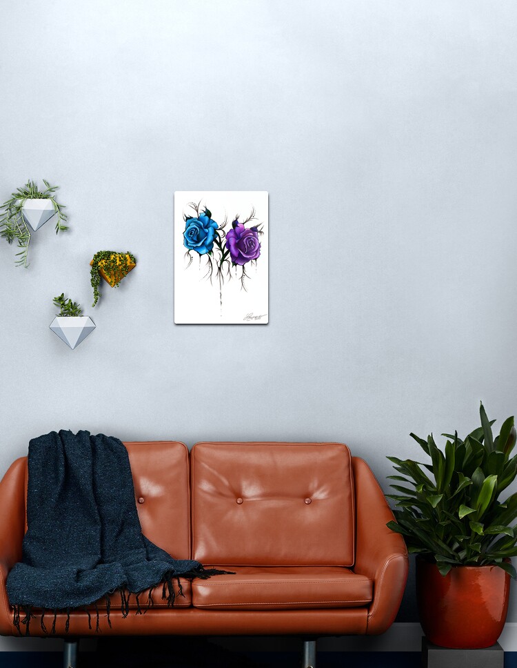 Lámina metálica «Rosas azules y moradas | Diseño de estilo de tatuaje» de  artbylayce | Redbubble