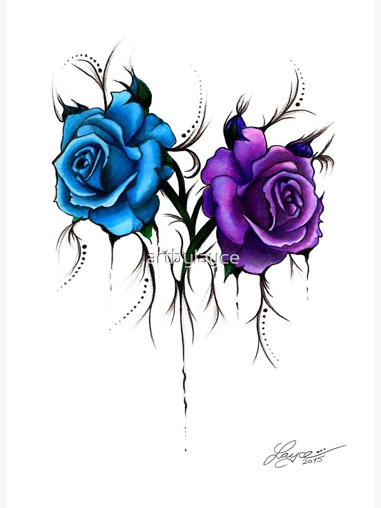Lámina rígida «Rosas azules y moradas | Diseño de estilo de tatuaje» de  artbylayce | Redbubble