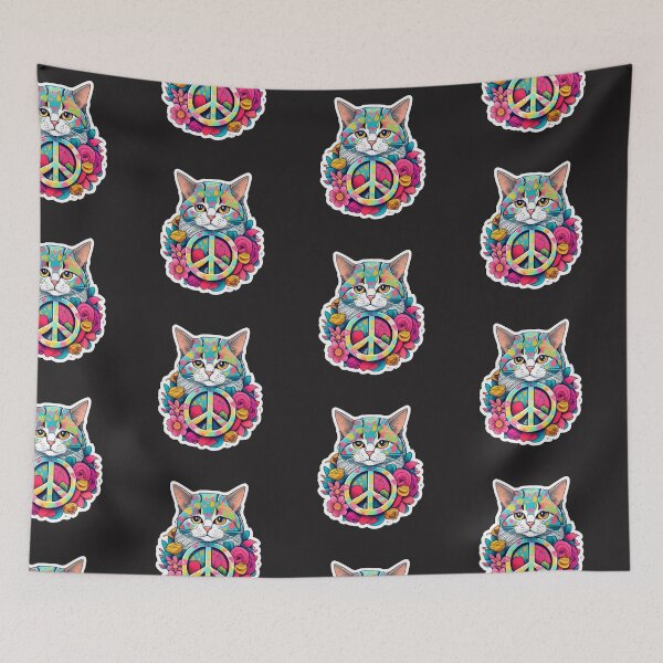 Item preview, Colorful cat with flowers and peace sign designed and sold by Toffy2222.