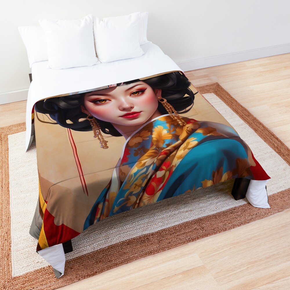 A Portrait Of Asian Elegance Captivating AI Concept Art by Xzendor7 Decorative Comforter Art Print