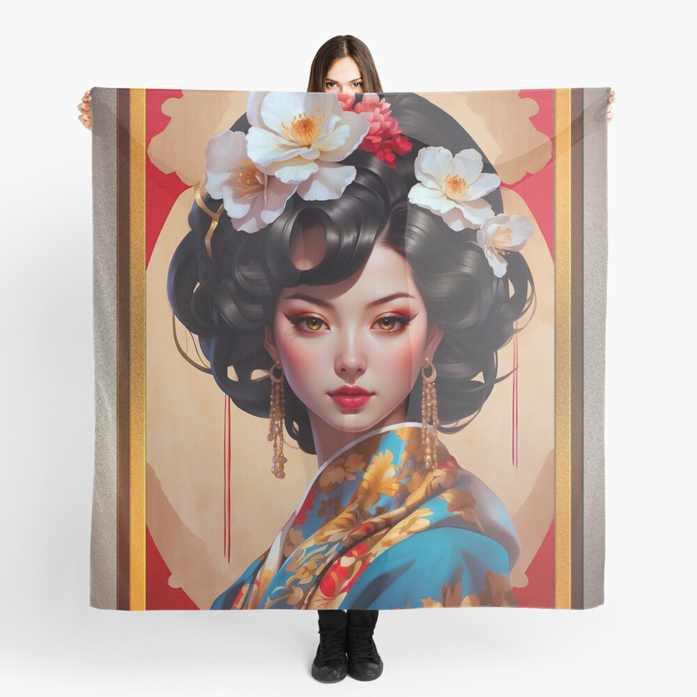 A Portrait Of Asian Elegance AI Concept Creation by Xzendor7 - The Eternal Golden Eye Beauty 4 A Portrait Of Asian Elegance Captivating AI Concept Art by Xzendor7 Decorative Ladies Scarf Art Print
