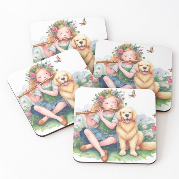 Item preview, Girl Playing Flute with Golden Retriever Dog in Grass with Flowers and Butterflies Fanciful Sweet Happy Child Music Student Gift designed and sold by ElegantTeaTime.