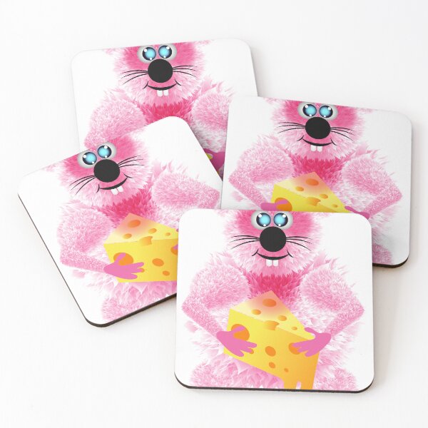 Item preview, A fluffy pink mouse holds a block of cheese in his hand.Vector illustrator. designed and sold by Meily2566.