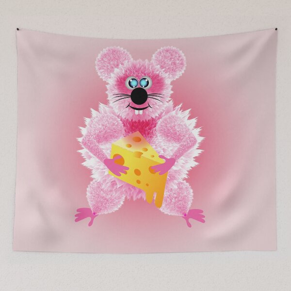Item preview, A fluffy pink mouse holds a block of cheese in his hand.Vector illustrator. designed and sold by Meily2566.