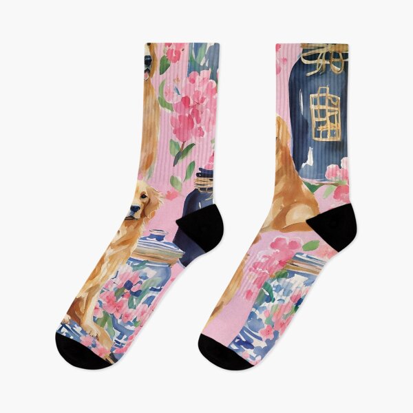 Item preview, Golden Retrievers, cherry blossom and chinoiserie jars seamless pattern designed and sold by SophieClimaArt.