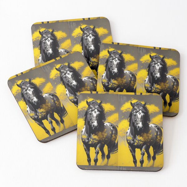 Item preview, horse, dark coat, frolicking among the mimosas, bright yellow and gray background designed and sold by Creativesphotos.