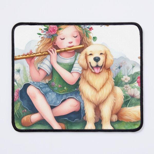 Item preview, Girl Playing Flute with Golden Retriever Dog in Grass with Flowers and Butterflies Fanciful Sweet Happy Child Music Student Gift designed and sold by ElegantTeaTime.