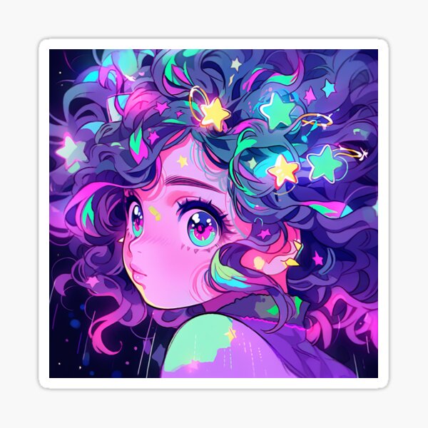 Beautiful Bright Neon Curly Hair Starry Anime Girl | Sticker