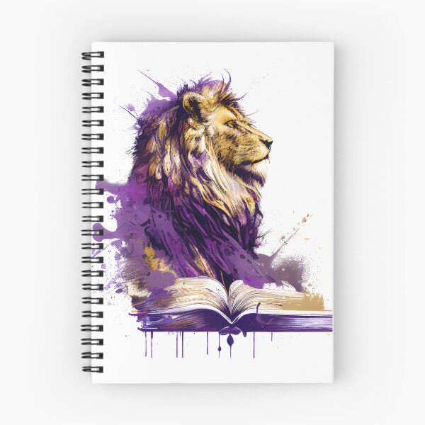 Artikelvorschau, Löwe mit offenem Buch - purpurroter und goldener Aquarellspritzer entworfen und verkauft von KERaney.