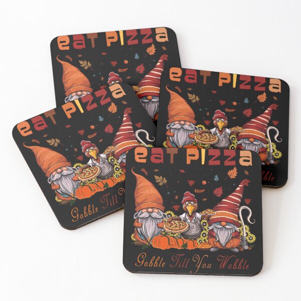 Item preview, Eat Pizza Gobble till You Wobble a Turkey Carrying a Pizza with Two Gnomes. designed and sold by momoworlddesign.