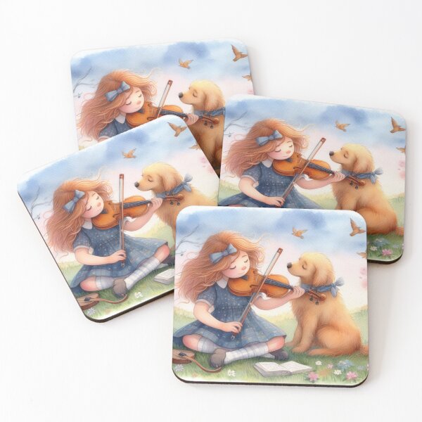 Item preview, Girl Playing Violin with Golden Retriever Dog in Grass with Flowers Birds and Book Fanciful Digital Watercolor Painting Sweet Happy Child Music Student Gift designed and sold by ElegantTeaTime.