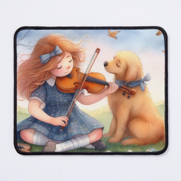 Item preview, Girl Playing Violin with Golden Retriever Dog in Grass with Flowers Birds and Book Fanciful Digital Watercolor Painting Sweet Happy Child Music Student Gift designed and sold by ElegantTeaTime.