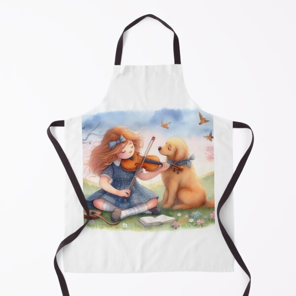 Item preview, Girl Playing Violin with Golden Retriever Dog in Grass with Flowers Birds and Book Fanciful Digital Watercolor Painting Sweet Happy Child Music Student Gift designed and sold by ElegantTeaTime.