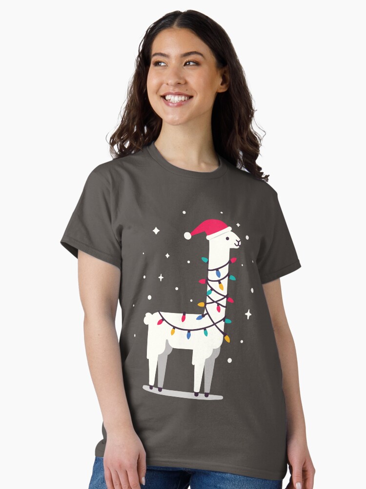 Thumbnail 2 of 7, Classic T-Shirt, Cute Llama Animal with a String of Christmas Lights designed and sold by hidden-design.