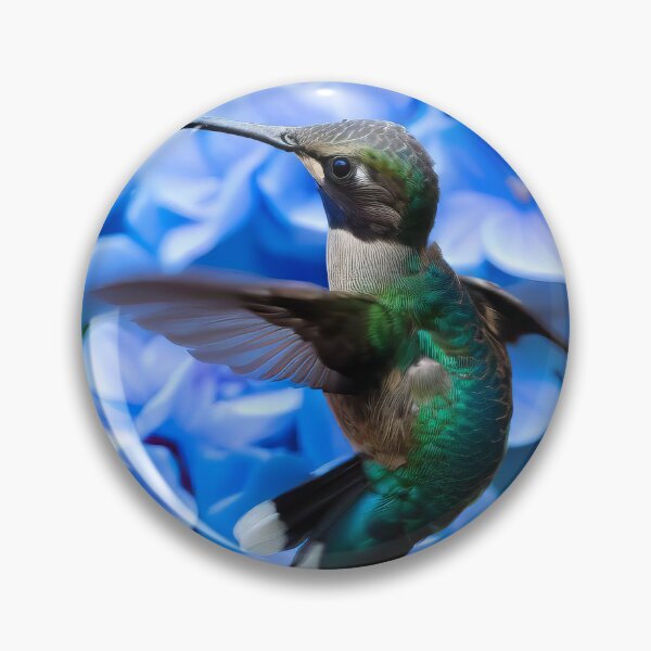 Item preview, Hummingbird hovering above Blue Hydrangea Flower Blooms photo designed and sold by CattyCornerPOD.
