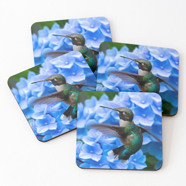 Item preview, Hummingbird hovering above Blue Hydrangea Flower Blooms photo designed and sold by CattyCornerPOD.