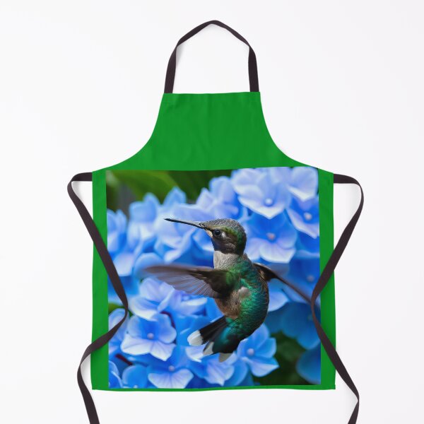Item preview, Hummingbird hovering above Blue Hydrangea Flower Blooms photo designed and sold by CattyCornerPOD.