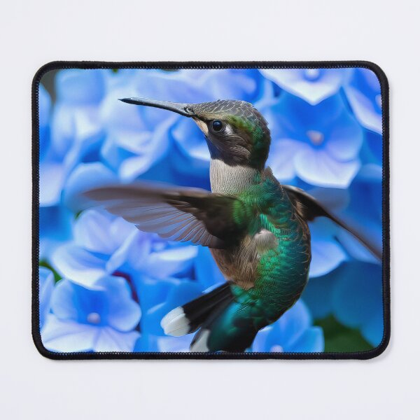 Item preview, Hummingbird hovering above Blue Hydrangea Flower Blooms photo designed and sold by CattyCornerPOD.