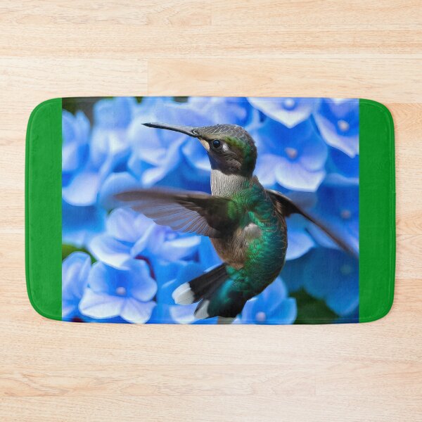 Item preview, Hummingbird hovering above Blue Hydrangea Flower Blooms photo designed and sold by CattyCornerPOD.