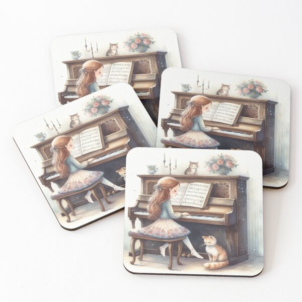 Item preview, Girl Playing Upright Piano with Striped Cat and Kitten Sweet Happy Child Music Gift designed and sold by ElegantTeaTime.