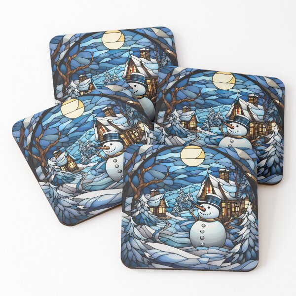 Item preview, Winter wonderland blue stained glass snowman Christmas scene designed and sold by Inktown.