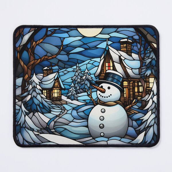 Item preview, Winter wonderland blue stained glass snowman Christmas scene designed and sold by Inktown.